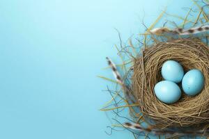 AI generated Easter eggs in a nest on a blue background photo