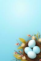 AI generated Easter eggs in a nest on a blue background photo