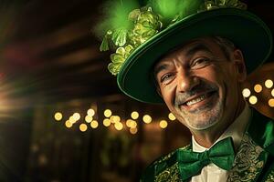 AI generated Portrait of a happy leprechaun with clover leaves. St. Patrick's Day. photo