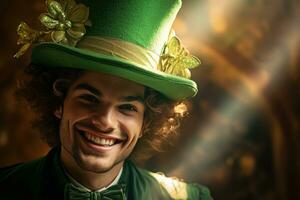 AI generated Portrait of a happy leprechaun with clover leaves. St. Patrick's Day. photo