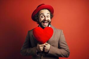 AI generated Portrait of a happy man with a red heart on Valentine's day concept. photo