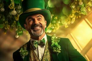 AI generated Portrait of a happy leprechaun with clover leaves. St. Patrick's Day. photo