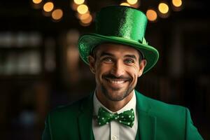 AI generated Portrait of a happy leprechaun with clover leaves. St. Patrick's Day. photo