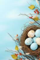 AI generated Easter eggs in a nest on a blue background photo