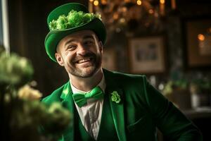 AI generated Portrait of a happy leprechaun with clover leaves. St. Patrick's Day. photo