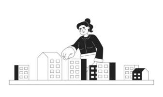 Ponytail woman finger pointing apartment black and white 2D cartoon character. Middle eastern female finger down isolated vector outline person. Choosing property monochromatic flat spot illustration