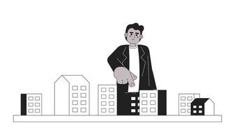 African american young adult man pointing condo black and white 2D cartoon character. Casual business black guy isolated vector outline person. Male choosing house monochromatic flat spot illustration
