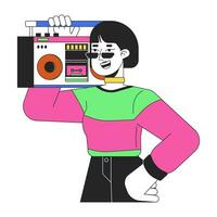 frio asiático niña que lleva boombox en hombro 2d lineal dibujos animados personaje. Años 80 Gafas de sol joven adulto mujer aislado línea vector persona blanco antecedentes. nostalgia música color plano Mancha ilustración