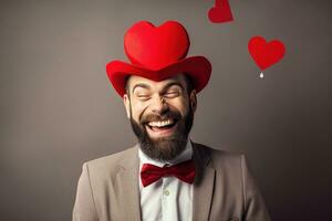 ai generado retrato de un contento hombre con un rojo corazón en San Valentín día concepto. foto