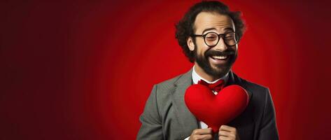 ai generado retrato de un contento hombre con un rojo corazón en San Valentín día concepto. foto