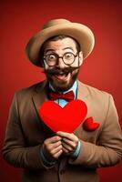 AI generated Portrait of a happy man with a red heart on Valentine's day concept. photo