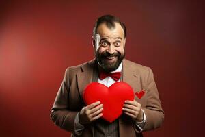 ai generado retrato de un contento hombre con un rojo corazón en San Valentín día concepto. foto