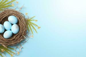 AI generated Easter eggs in a nest on a blue background photo