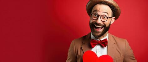AI generated Portrait of a happy man with a red heart on Valentine's day concept. photo