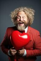 AI generated Portrait of a happy man with a red heart on Valentine's day concept. photo