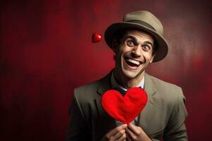 ai generado retrato de un contento hombre con un rojo corazón en San Valentín día concepto. foto