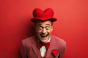 ai generado retrato de un contento hombre con un rojo corazón en San Valentín día concepto. foto