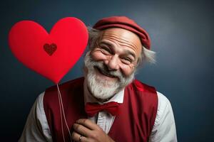 ai generado retrato de un contento hombre con un rojo corazón en San Valentín día concepto. foto