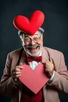 AI generated Portrait of a happy man with a red heart on Valentine's day concept. photo