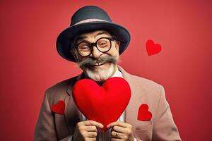 ai generado retrato de un contento hombre con un rojo corazón en San Valentín día concepto. foto