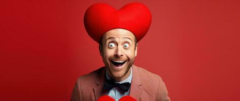 AI generated Portrait of a happy man with a red heart on Valentine's day concept. photo