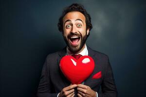AI generated Portrait of a happy man with a red heart on Valentine's day concept. photo