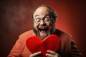 AI generated Portrait of a happy man with a red heart on Valentine's day concept. photo