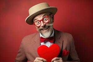 ai generado retrato de un contento hombre con un rojo corazón en San Valentín día concepto. foto