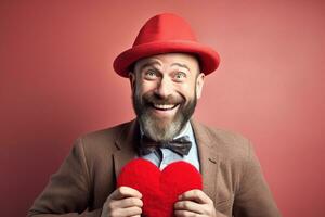 ai generado retrato de un contento hombre con un rojo corazón en San Valentín día concepto. foto