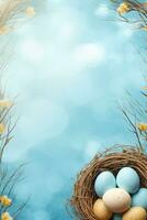 AI generated Easter eggs in a nest on a blue background photo