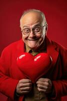 AI generated Portrait of a happy man with a red heart on Valentine's day concept. photo