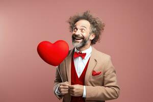 AI generated Portrait of a happy man with a red heart on Valentine's day concept. photo