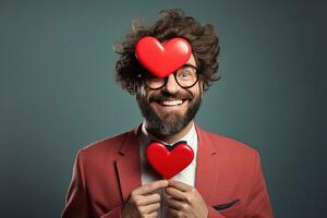 AI generated Portrait of a happy man with a red heart on Valentine's day concept. photo