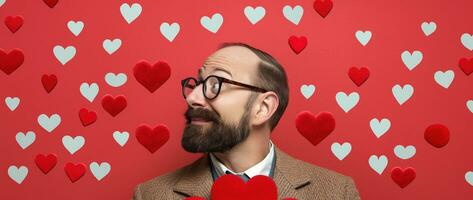 AI generated Portrait of a happy man with a red heart on Valentine's day concept. photo