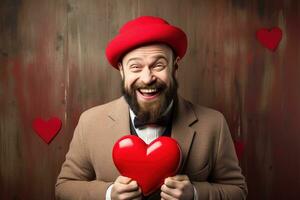 AI generated Portrait of a happy man with a red heart on Valentine's day concept. photo