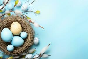 AI generated Easter eggs in a nest on a blue background photo