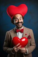 AI generated Portrait of a happy man with a red heart on Valentine's day concept. photo