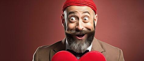 ai generado retrato de un contento hombre con un rojo corazón en San Valentín día concepto. foto