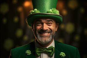 AI generated Portrait of a happy leprechaun with clover leaves. St. Patrick's Day. photo