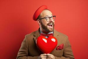 AI generated Portrait of a happy man with a red heart on Valentine's day concept. photo
