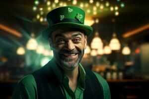 AI generated Portrait of a happy leprechaun with clover leaves. St. Patrick's Day. photo