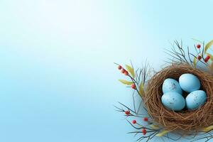 AI generated Easter eggs in a nest on a blue background photo