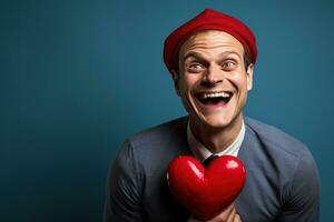 ai generado retrato de un contento hombre con un rojo corazón en San Valentín día concepto. foto