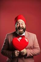 ai generado retrato de un contento hombre con un rojo corazón en San Valentín día concepto. foto