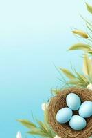 AI generated Easter eggs in a nest on a blue background photo