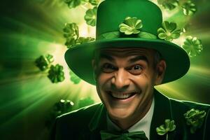 AI generated Portrait of a happy leprechaun with clover leaves. St. Patrick's Day. photo