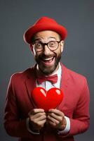 AI generated Portrait of a happy man with a red heart on Valentine's day concept. photo