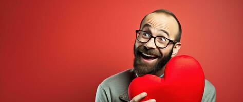 AI generated Portrait of a happy man with a red heart on Valentine's day concept. photo