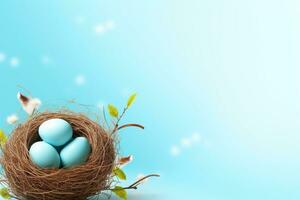 AI generated Easter eggs in a nest on a blue background photo