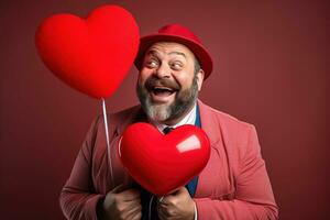 ai generado retrato de un contento hombre con un rojo corazón en San Valentín día concepto. foto